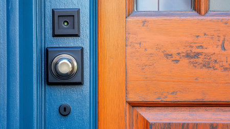 Closeup of a contemporary doorbell mounted on a rich wooden door, highlighting the blend of modern technology with classic design in a welcoming home entrance.の素材