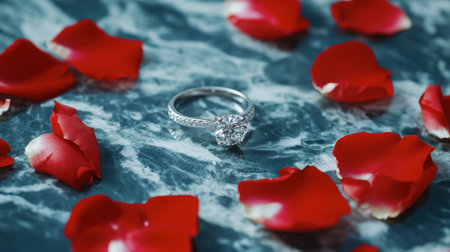 A beautiful diamond ring rests on a marble surface, surrounded by delicate rose petals. This elegant composition evokes feelings of romance, love, and celebration.の素材