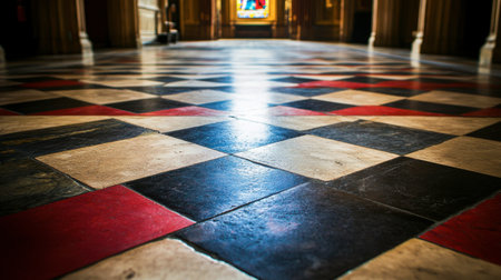 Explore the elegant checkerboard floor featuring contrasting tiles. This historic space captures a blend of artistry and architectural beauty, inviting reflection.の素材