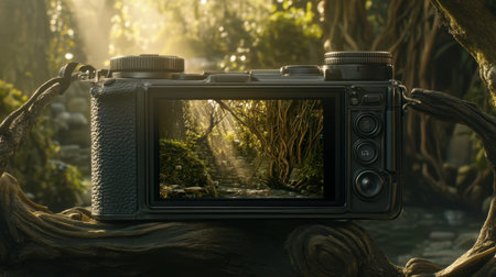 A captivating camera rests on a twisted branch, showcasing a serene pathway lit by soft sunlight filtering through lush greenery. Perfect for photography enthusiasts.の素材