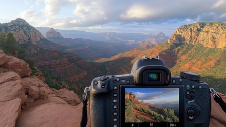 A camera captures a stunning landscape of mountains and canyons, showcasing natureの素材