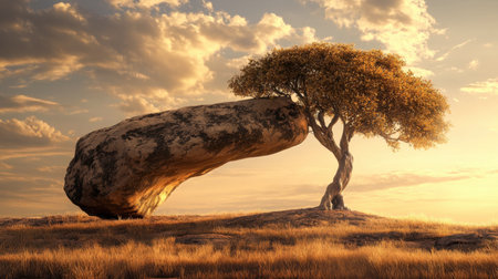 This stunning image showcases a unique tree precariously leaning against a large rock during a vibrant sunset, highlighting the beauty of nature.の素材