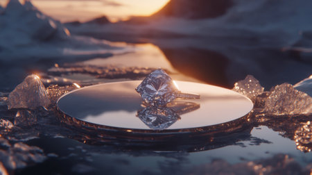 A sparkling diamond ring rests on a reflective surface, capturing the warm hues of a stunning sunset. An elegant piece for luxury and beauty themes.の素材