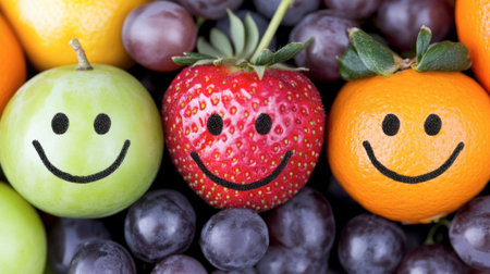 Bright and cheerful arrangement of fruits with smiley faces. This fun and vibrant image captures the essence of joy and health, perfect for food-related themes.の素材
