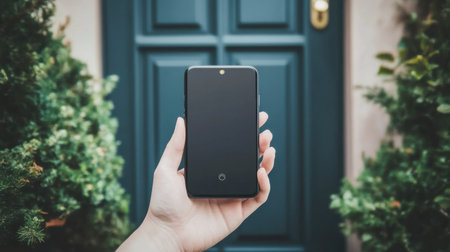 A hand holding a smartphone with a blank screen stands in front of a stylish door, surrounded by lush greenery. This image captures a moment of technology amidst nature.の素材