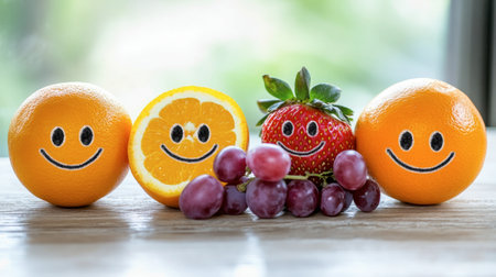 A delightful arrangement of fruit featuring cheerful smiley faces on oranges, a lemon, a strawberry, and grapes, radiating happiness and freshness.の素材
