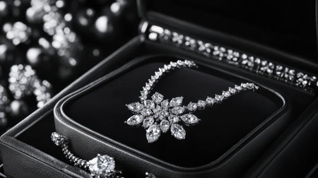An exquisite diamond necklace showcased in a sleek black display case, highlighting its elegant design and luxurious appeal perfect for special occasions.の素材