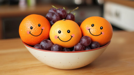 This playful stock photo features a bowl of cheerful oranges and grapes, each with smiling faces, perfect for conveying joy and freshness in food-related projects.の素材