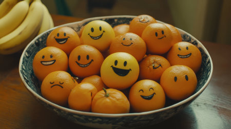 A delightful arrangement of oranges adorned with smiley faces, creating a cheerful and playful atmosphere. Perfect for food and decor themes.の素材