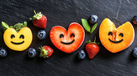 Colorful fruit slices shaped like hearts with smiley faces create a cheerful display on a slate background, perfect for promoting healthy eating and joy.の素材