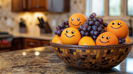 A delightful bowl of oranges and grapes with cheerful smiley faces, perfect for adding a touch of fun and color to any kitchen setting.の素材