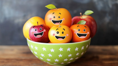 A vibrant bowl filled with happy fruits featuring playful smiley faces. Ideal for food-related themes, kitchen decor, or cheerful designs.の素材