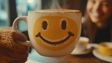 A cheerful coffee cup featuring a smiley face design, exuding warmth and comfort. Perfect for capturing moments of joy and relaxation in a cozy cafの素材