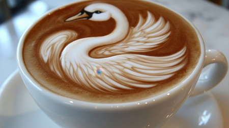 A beautifully crafted latte featuring a swan design, showcasing the artistry of coffee making. Perfect for cafes or food photography.の素材