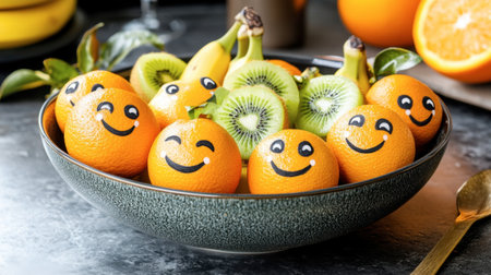 A playful arrangement of oranges, kiwi, and banana in a bowl, each orange adorned with smiley faces, creating a cheerful and inviting atmosphere.の素材