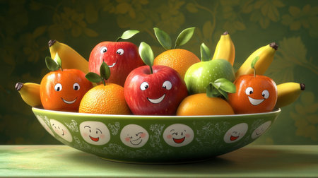 A vibrant bowl filled with cheerful fruits featuring smiling faces. The playful arrangement showcases apples, oranges, and bananas, creating a fun and fresh centerpiece for any kitchen.の素材
