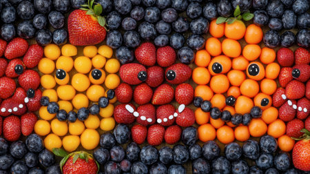 A visually striking arrangement of colorful fruits creating playful characters. This vibrant display captures the essence of joy and health in a creative food design.の素材