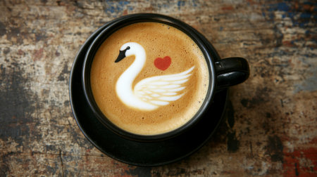 A beautifully crafted cup of coffee features a swan design with a heart, set against a rustic wooden background, evoking warmth and creativity.の素材