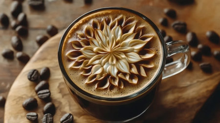 A stunning close-up of a beautifully crafted coffee art featuring a floral design on the surface, surrounded by coffee beans, perfect for coffee lovers.の素材