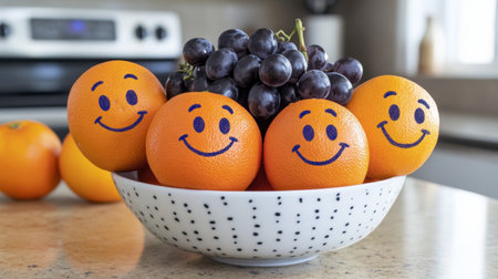 A vibrant bowl filled with cheerful oranges and fresh grapes featuring smiley faces, perfect for healthy snacks and joyful kitchen decor.の素材