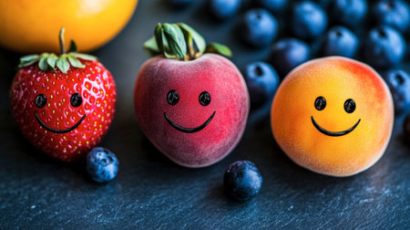 Delightful fruits with smiley faces bring joy to any setting. Perfect for promoting healthy eating, summer vibes, or cheerful decor. Ideal for family-friendly themes.の素材