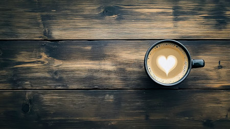 A close-up view of heart art in coffee, placed on a rustic wooden table. This inviting image captures warmth and comfort, perfect for beverage lovers.の素材
