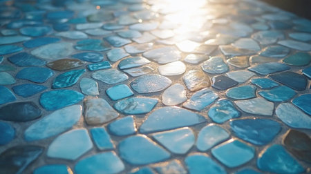 A captivating close-up of a colorful blue mosaic stone surface illuminated by sunlight. This artistic design showcases a blend of textures and colors for a tranquil atmosphere.の素材