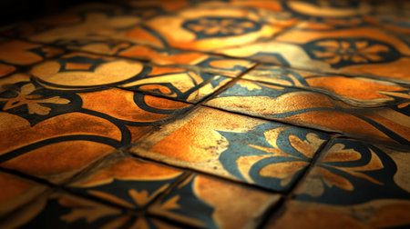 Close-up of a vintage tile pattern showcasing rich warm colors and intricate designs, perfect for backgrounds or home decor inspiration.の素材