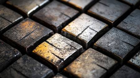 A detailed close-up image of rustic metal tiles, showcasing unique textures and patterns. The interplay of light and shadow enhances the industrial aesthetic.の素材