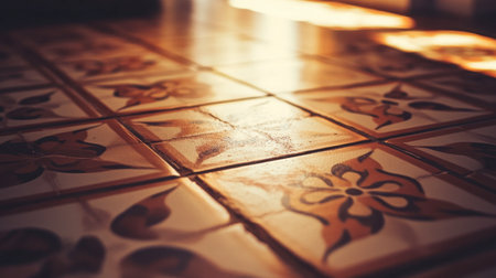 Captivating vintage tile floor captures intricate patterns under warm sunlight. Ideal for showcasing unique interior design and aesthetic beauty in any space.の素材