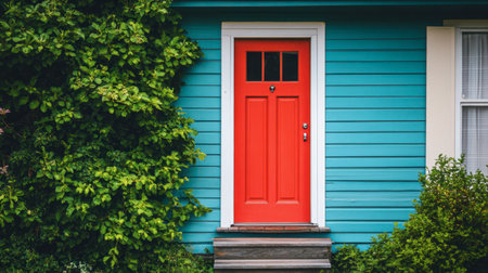 A vibrant red door stands out against a teal house, surrounded by lush greenery. This inviting entrance captures the charm of colorful residential architecture.の素材