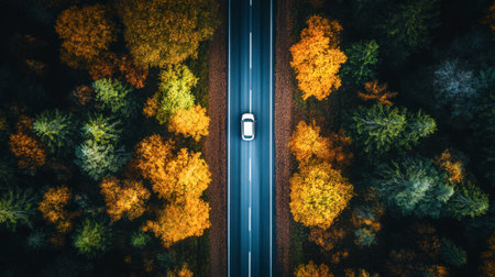 An aerial view showcasing a car traveling along a winding highway surrounded by vibrant autumn foliage, creating a picturesque and serene atmosphere.の素材