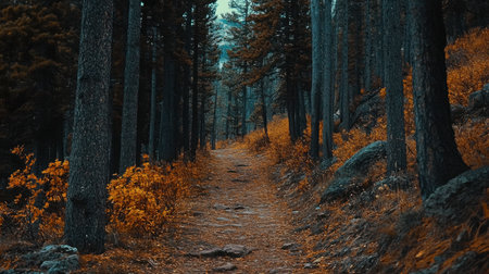 A tranquil forest pathway surrounded by tall trees and vibrant autumn foliage. This peaceful landscape invites nature lovers to explore and connect with the outdoors.の素材