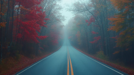 A serene road winding through a misty forest in autumn, featuring vibrant red leaves. The tranquil scene invites exploration and reflection.の素材