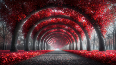A mesmerizing view of an arching pathway lined with vibrant red leaves, evoking a serene and magical autumn atmosphere in a misty landscape.の素材