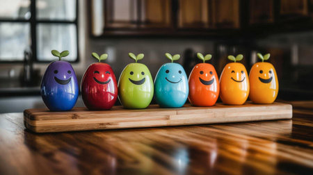 A vibrant collection of colorful smiley eggs arranged on a wooden board in a bright kitchen. Perfect for adding fun and joy to home decor.の素材