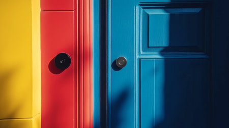 A vibrant composition featuring red and blue doors with bold knobs. The interplay of light and shadows creates a modern and inviting atmosphere.の素材