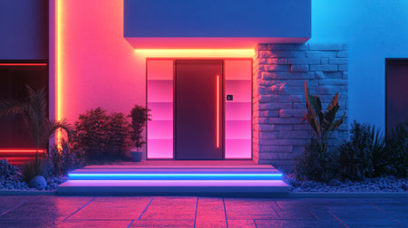 A stunning contemporary entrance featuring colorful neon lights. The vibrant illumination creates an inviting atmosphere, perfect for modern aesthetics.の素材