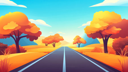 A vibrant autumn landscape featuring a serene open road surrounded by colorful trees and a clear blue sky, perfect for travel and outdoor adventures.の素材