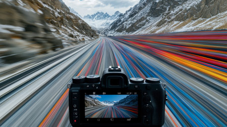 A captivating shot showcasing a camera capturing a vibrant mountain landscape. Colorful lines create a sense of motion, embodying adventure and exploration.の素材