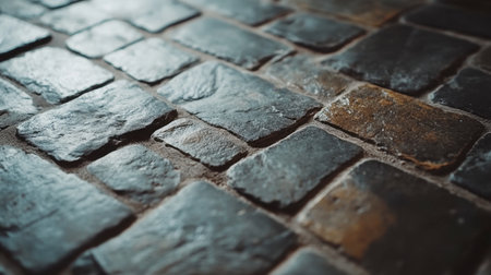 A close-up view of a rustic stone floor showcasing natural textures and variations in color. Perfect for themes of heritage, architectural designs, or cozy interiors.の素材