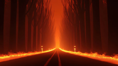 A mesmerizing scene of a fiery road flanked by dark trees, creating a surreal and mysterious atmosphere that invites exploration and reflection.の素材