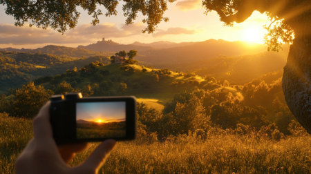 A stunning view of a sunset over rolling hills with a camera in hand capturing the vibrant colors and peaceful atmosphere of nature's beauty.の素材