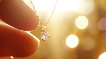 Capture the beauty of an elegant gold necklace featuring a sparkling diamond charm. The soft glow and bokeh effect enhance its luxurious appeal.の素材