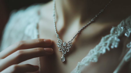 A beautifully detailed silver necklace rests gracefully on a woman's neckline, showcasing intricate designs and sparkling gemstones, perfect for any elegant occasion.の素材