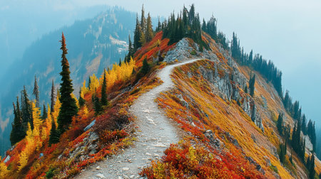 A stunning autumn trail winds through a vibrant mountain landscape, showcasing colorful foliage and serene surroundings perfect for hiking and exploration.の素材