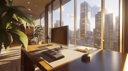 A modern office setup featuring a computer on a sleek desk with a stunning city skyline view at sunset, blending comfort and professionalism in design.の素材