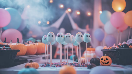 A beautifully arranged Halloween dessert table featuring decorated cake pops with ghost faces, colorful candies, and festive pumpkin decorations.の素材