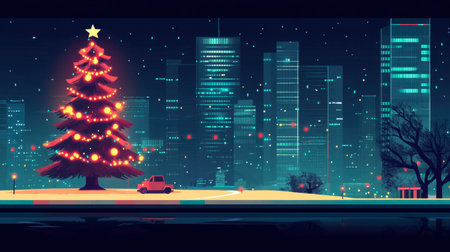 A vibrant winter cityscape features a decorated Christmas tree with glowing lights and a red vehicle, creating a joyful holiday atmosphere amidst falling snow.の素材