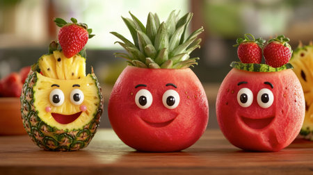 Delightful cartoon fruit characters featuring a pineapple, watermelon, and strawberries. Perfect for a fun and cheerful kitchen decor or children's content.の素材